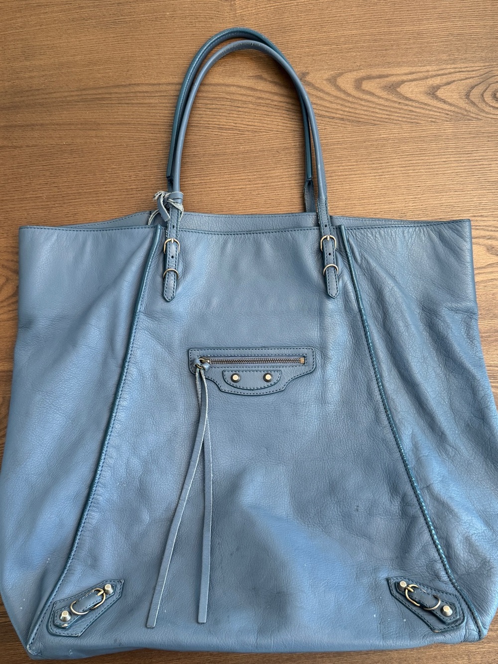Balenciaga Blue Leather Tote Bag with Front Zip Pocket